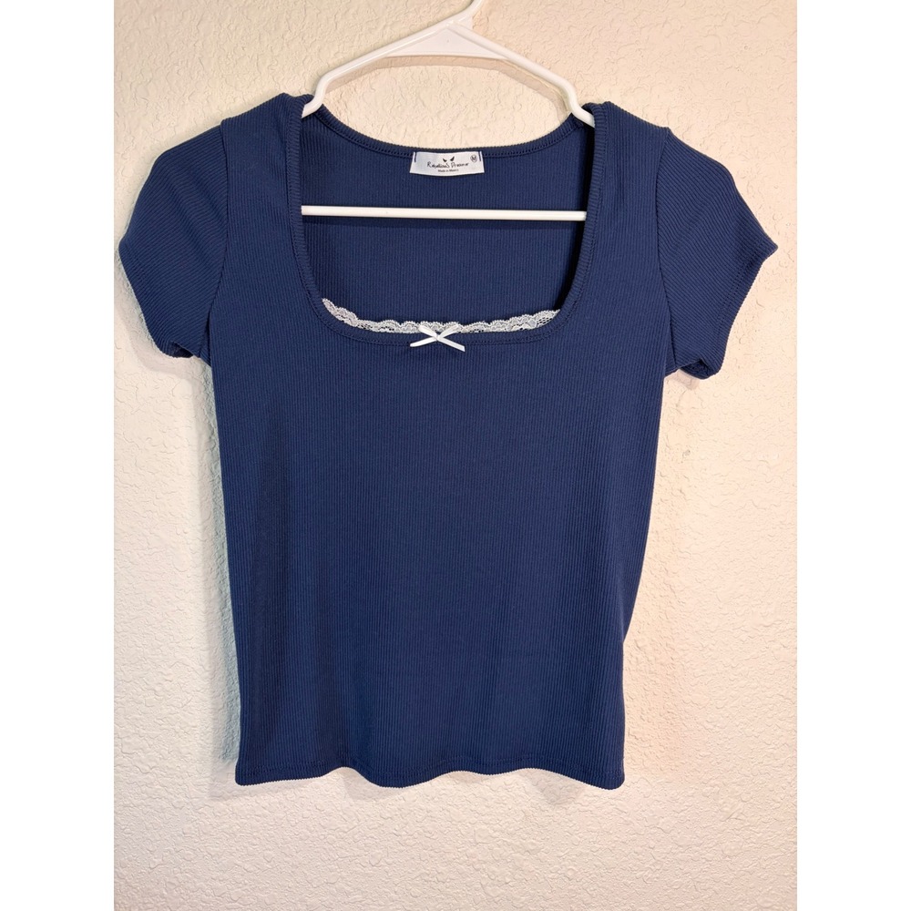 Girls Navy Blue Ribbed Lace Trim Bow Square Neck Top Size M Coquette